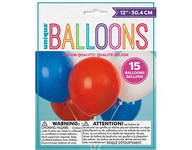 15PK 12in ASST R/W/B LATEX BALLOONS