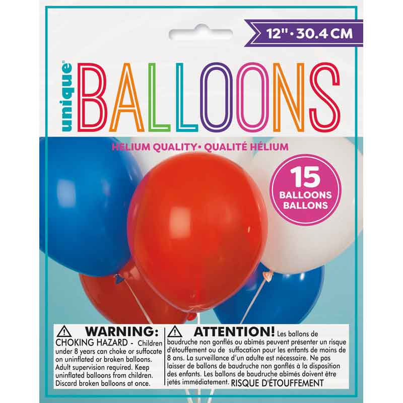 15PK 12in ASST R/W/B LATEX BALLOONS