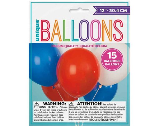 15PK 12in ASST R/W/B LATEX BALLOONS