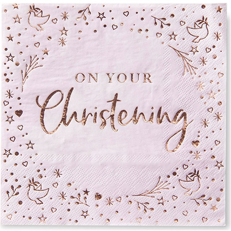 16PK 33cm ROSE GOLD ON YOUR CHRISTENING NAPKINS
