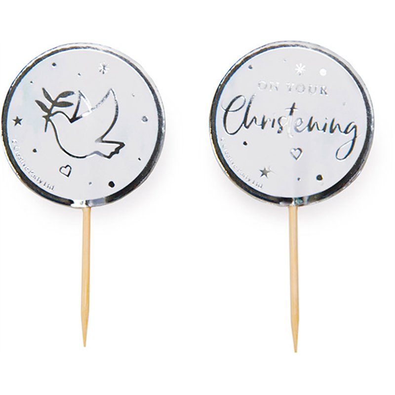 12PK  BLUE & SILVER ON YOUR CHRISTENING CUPCAKE TOPPERS