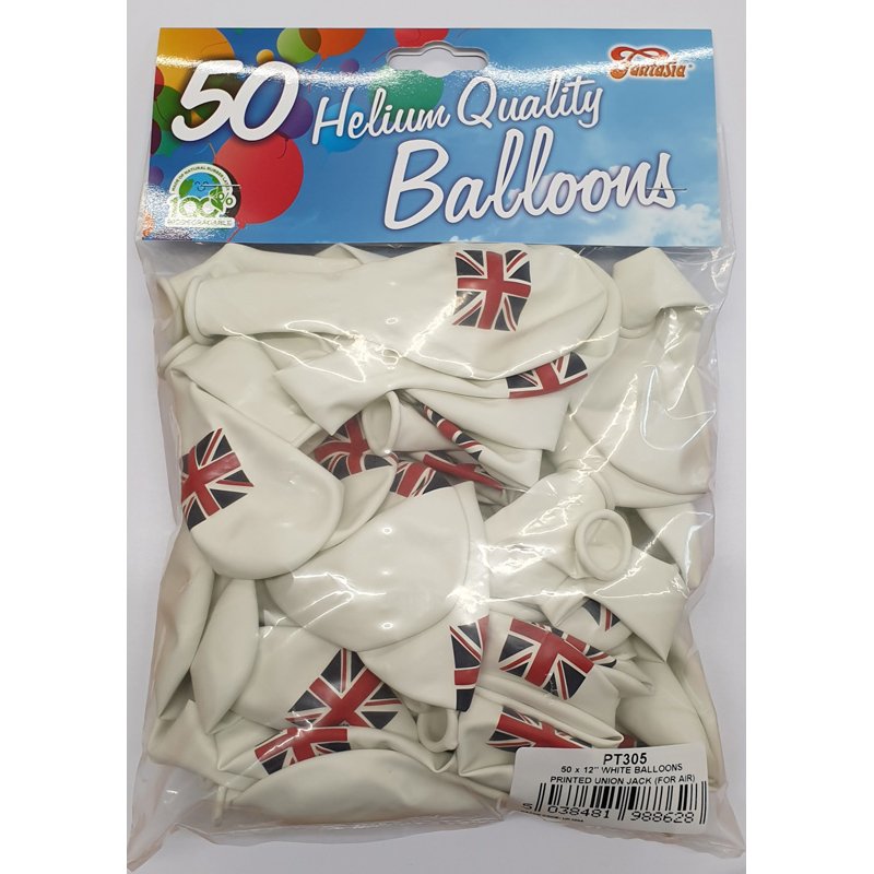 50PK 12in WHITE PRINTED RED & BLUE UNION JACK BALLOONS