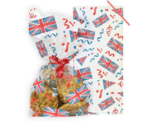 20PK UNION JACK CELLO BAGS WITH TWIST TIES