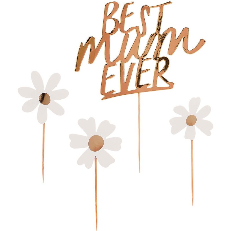 4PK GOLD 'BEST MUM EVER' DAISY CAKE TOPPER