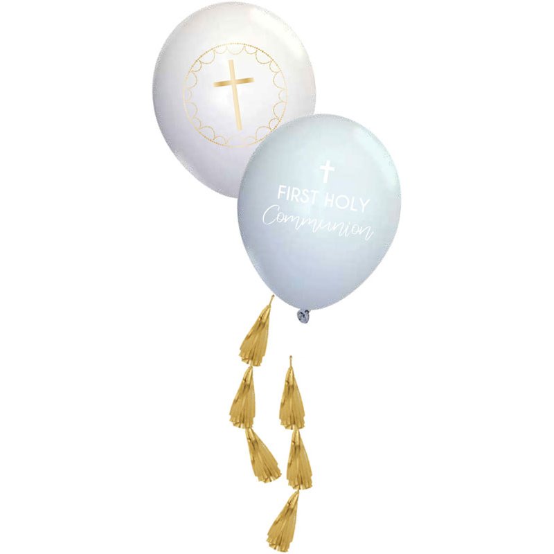 6PK 11in BLUE BOTANICAL CROSS LATEX BALLOONS WITH TASSELS