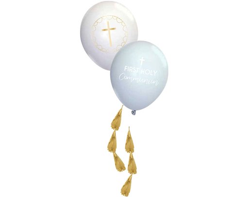 6PK 11in BLUE BOTANICAL CROSS LATEX BALLOONS WITH TASSELS