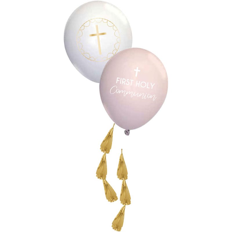 6PK 11in PINK BOTANICAL CROSS LATEX BALLOON WITH TASSELS