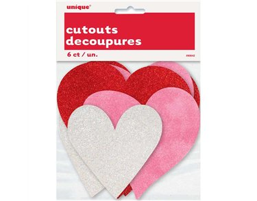 6PK ASST HEARTS MINI GLITTER CUTOUTS