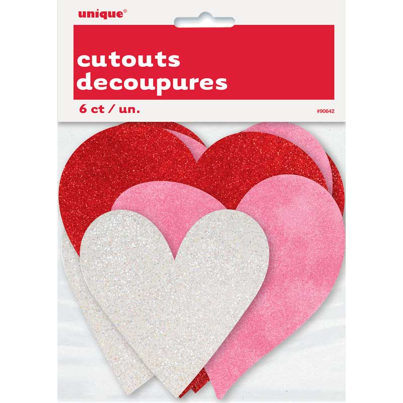 6PK ASST HEARTS MINI GLITTER CUTOUTS