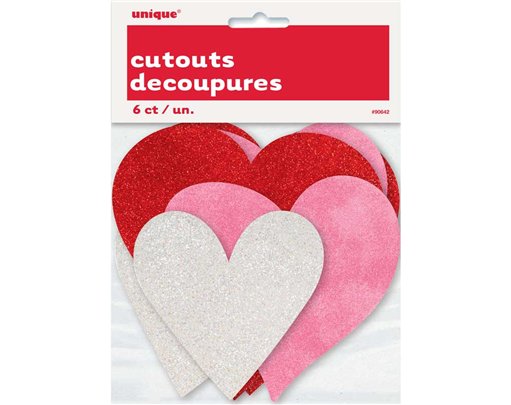 6PK ASST HEARTS MINI GLITTER CUTOUTS