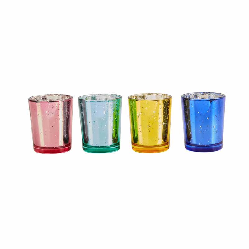 4ASST BRIGHT COLOURED GLASS CANDLE HOLDERS