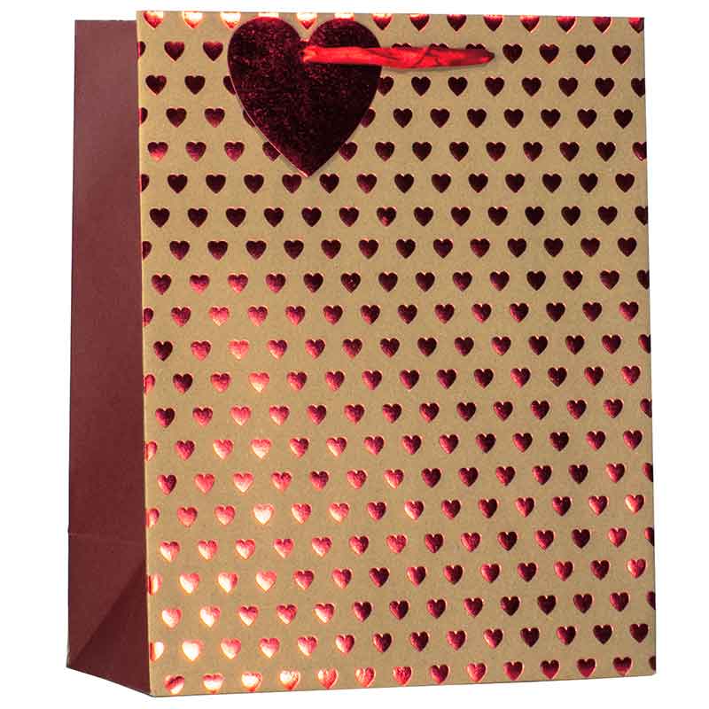 VALENTINES FOIL HEART ON KRAFT LARGE GIFT BAG 6S