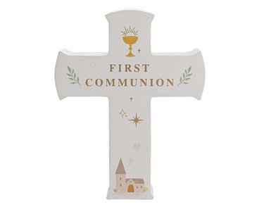FIRST COMMUNION FAITH & HOPE MANTEL CROSS PLAQUE