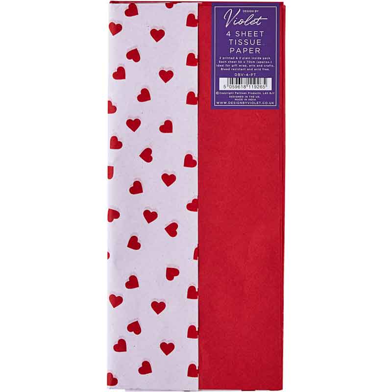 4PK VALENTINES DAY RED HEARTS PRINTED TISSUE 12S